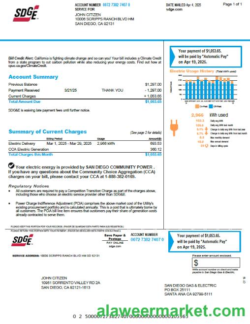 USA SDGE utility bill template in Word and PDF formats, version 2